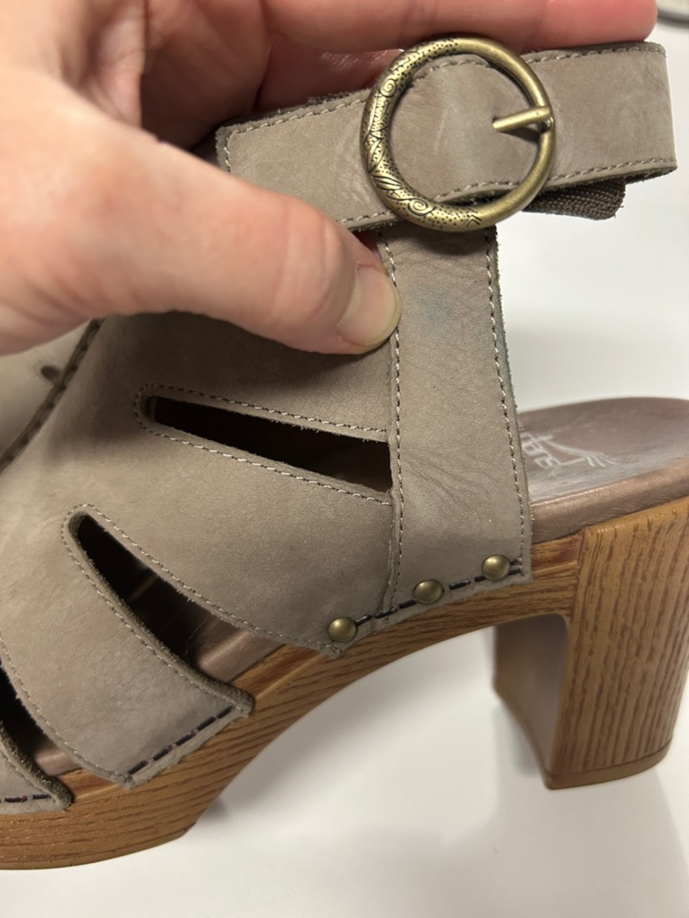 Dansko Demetra Taupe Block Heel Cutout Peep-Toe Sandals - Picture 7 of 7